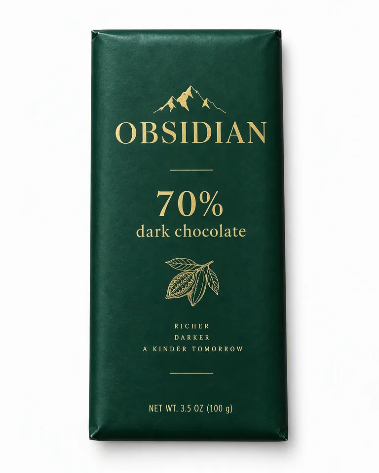 Tableta de chocolate negro Obsidian al 70% en un envoltorio verde oscuro y dorado sobre fondo blanco