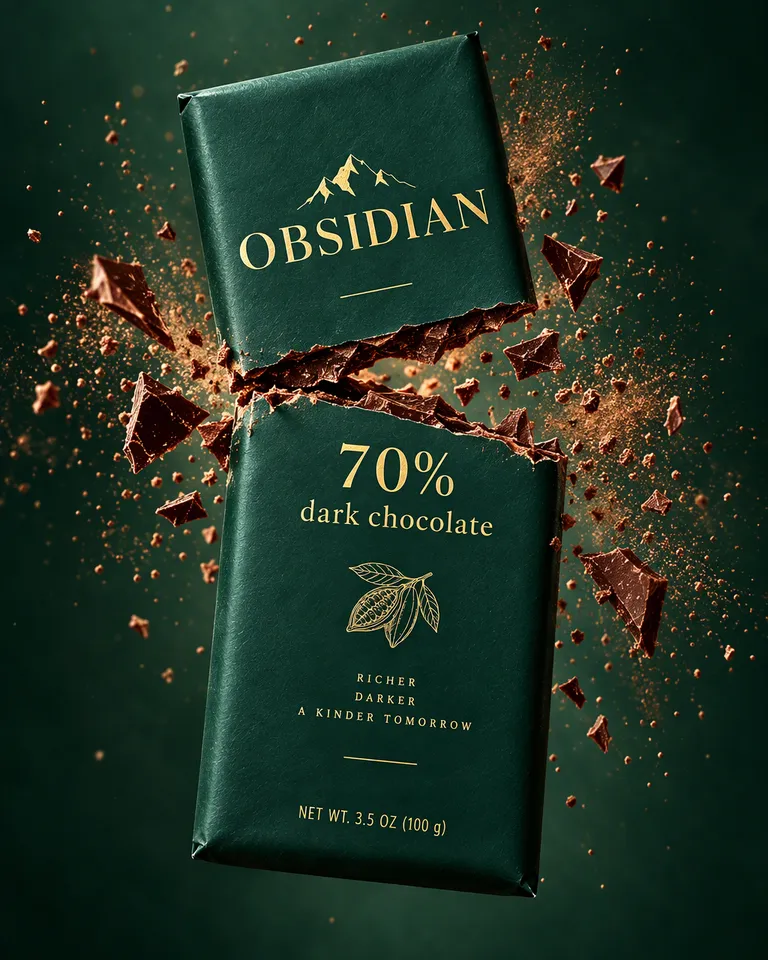 Tableta de chocolate Obsidian partiéndose en dos con esquirlas y polvo de cacao en el aire