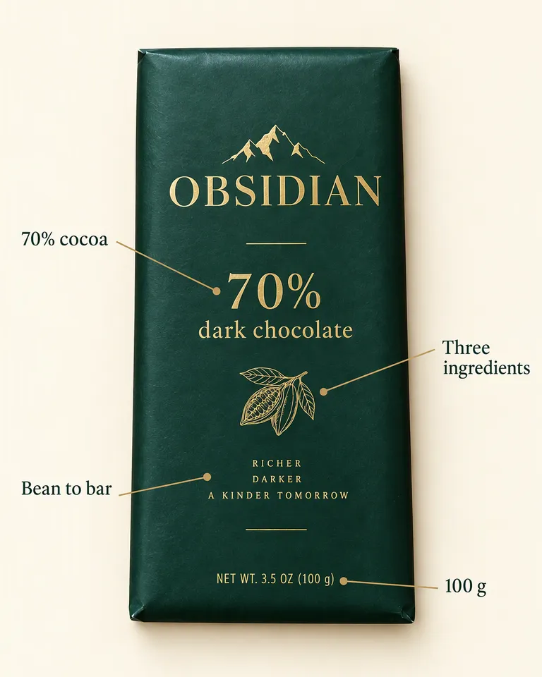 Imagen con anotaciones de la tableta Obsidian con etiquetas de 70% de cacao, tres ingredientes, del grano a la tableta y 100 g