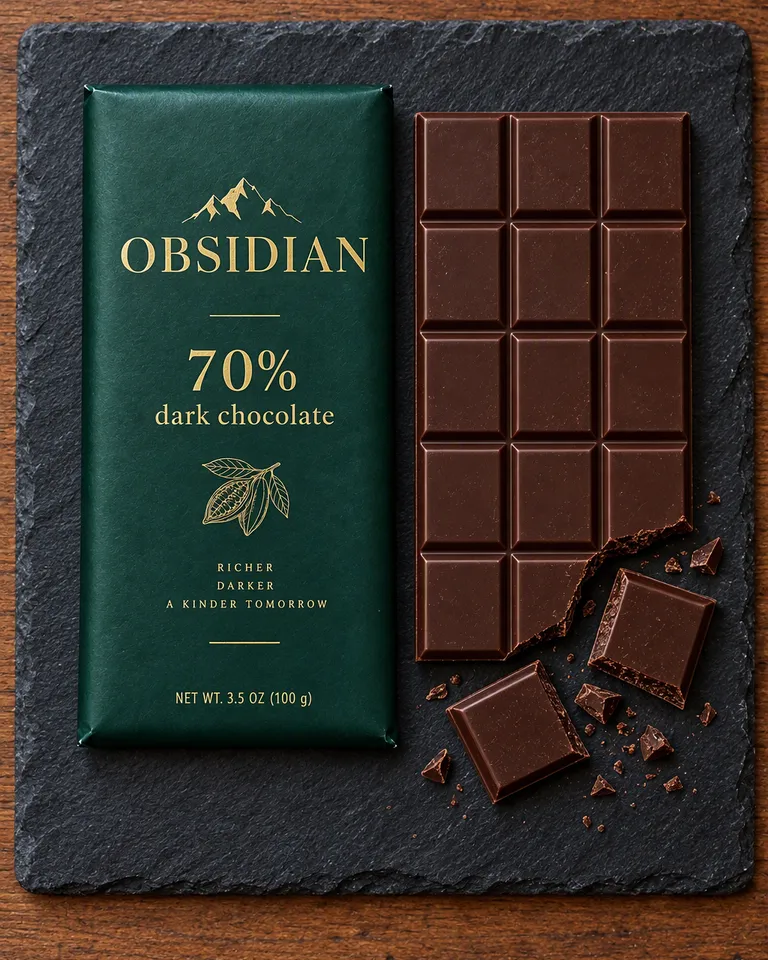 Chocolate Obsidian desenvuelto sobre una tabla de pizarra con onzas partidas y el envoltorio al lado