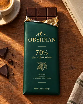 Tableta de chocolate Obsidian medio desenvuelta junto a un espresso y un libro sobre una mesa de madera