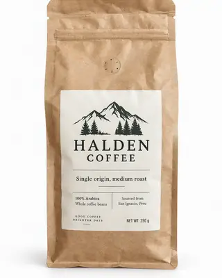 Bolsa kraft de café en grano Halden Coffee con su etiqueta crema de origen único sobre fondo blanco