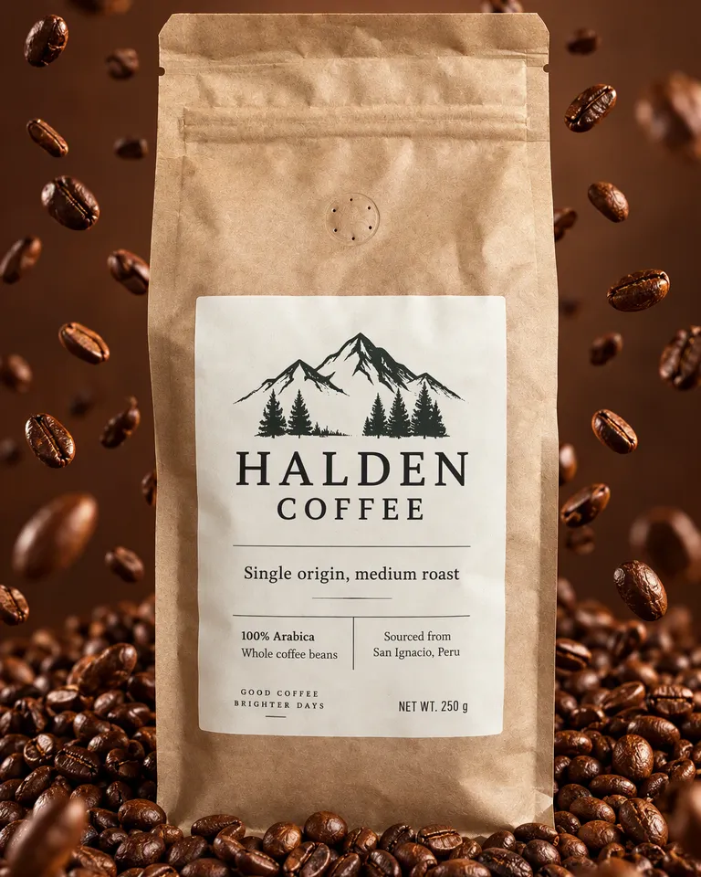 Bolsa de Halden Coffee sobre un pedestal de granos tostados con granos congelados en el aire