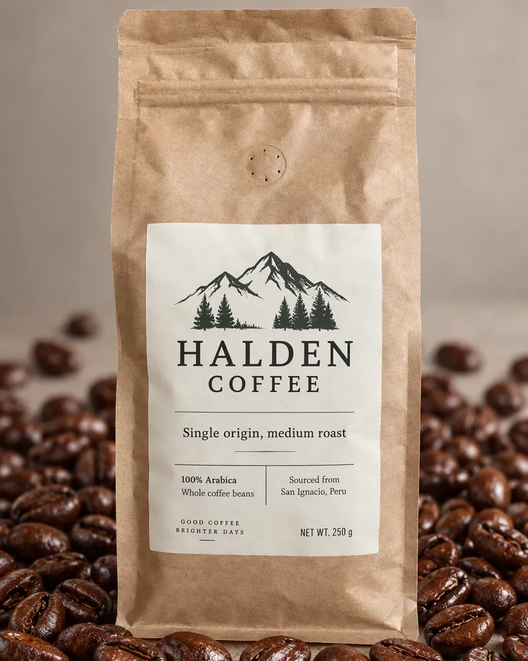 Macro de granos de café tostados y brillantes de la bolsa Halden