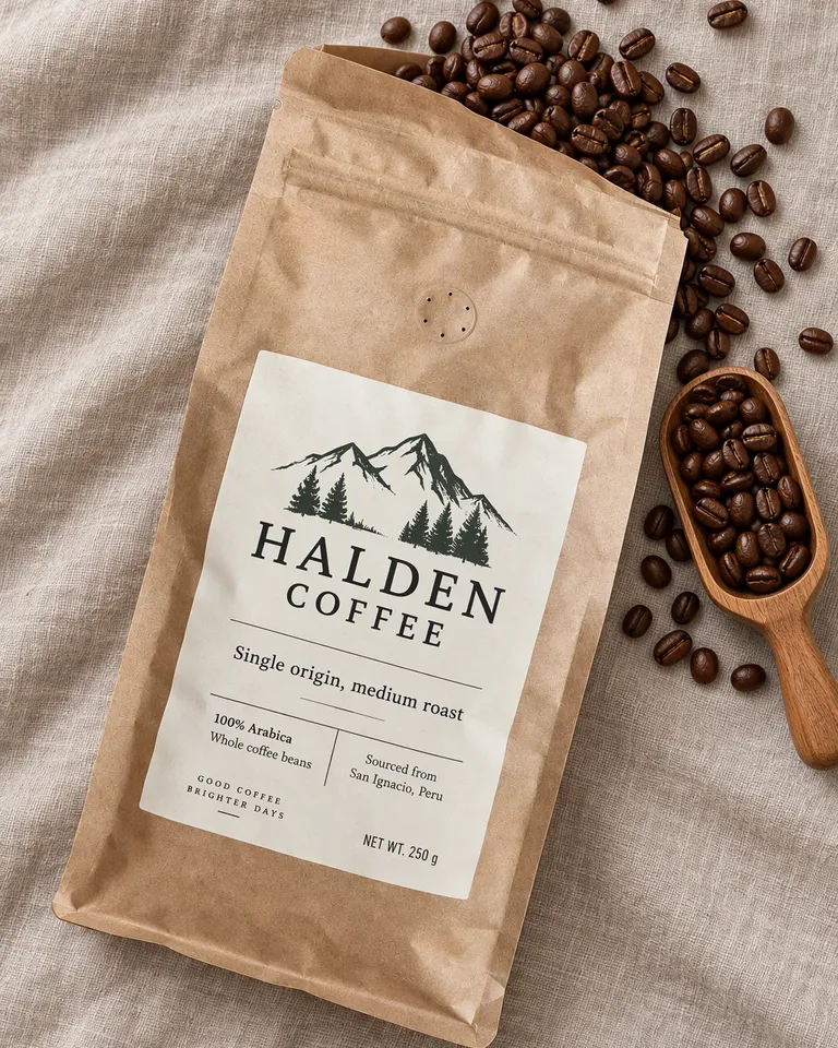 Bolsa abierta de Halden Coffee sobre lino con granos derramándose junto a un cacito de madera