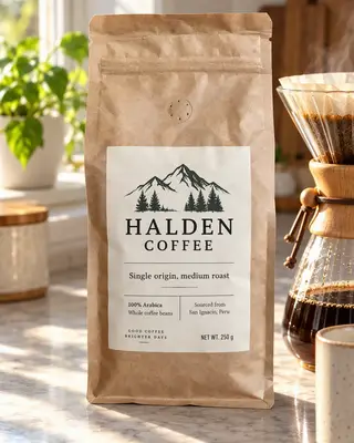 Bolsa de Halden Coffee junto a un gotero de cristal preparando café en una encimera soleada
