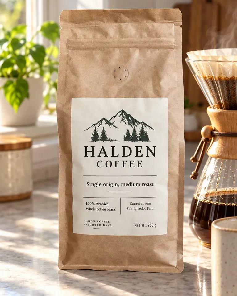 Bolsa de Halden Coffee junto a un gotero de cristal preparando café en una encimera soleada