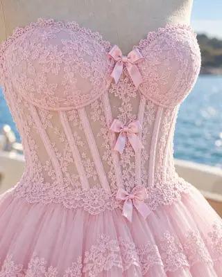 Primer plano del cuerpo de encaje y los lazos de satén del minivestido rosa de tul