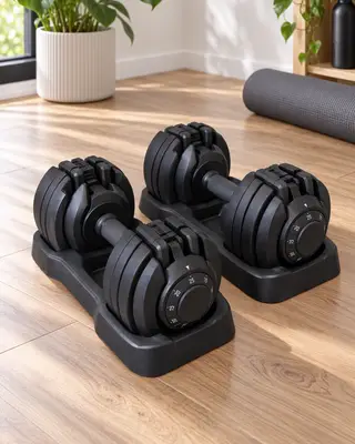 Mancuernas ajustables en un suelo de madera en un rincón luminoso de un gimnasio en casa