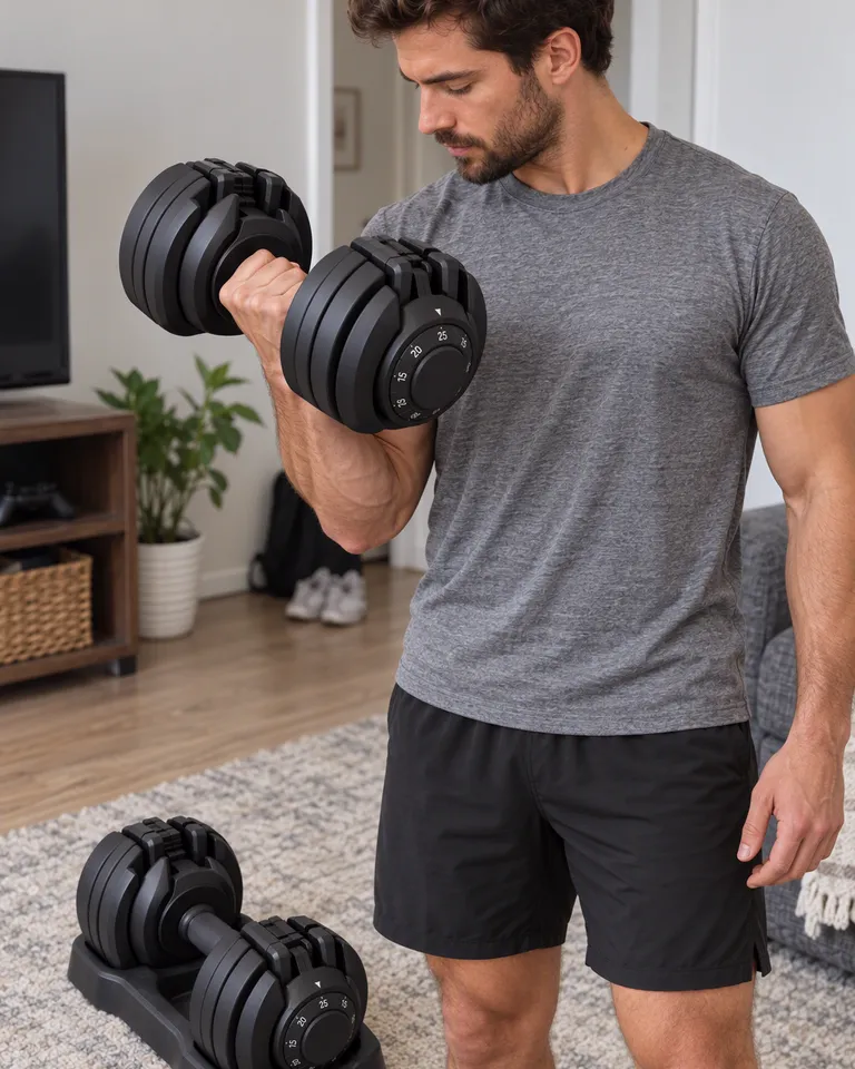 Hombre con camiseta gris haciendo un curl con una mancuerna ajustable en casa