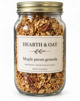 Granola de arce y pecanas Hearth & Oat en un tarro de cristal sobre fondo blanco