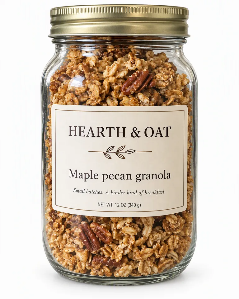 Granola de arce y pecanas Hearth & Oat en un tarro de cristal sobre fondo blanco