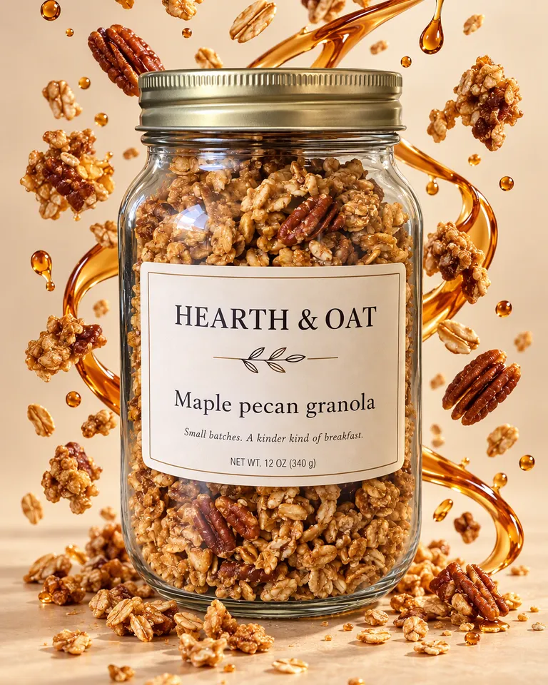 Tarro de granola Hearth & Oat con avena, pecanas y sirope de arce congelados en el aire