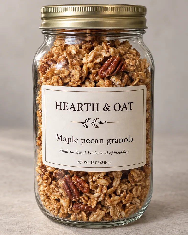 Macro de los racimos de granola, las pecanas y la avena de Hearth & Oat