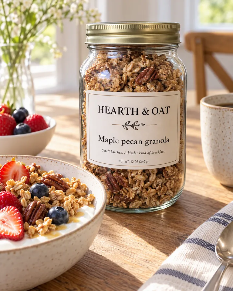 Tarro de Hearth & Oat junto a un bol de yogur con granola y frutos rojos en una mesa de desayuno