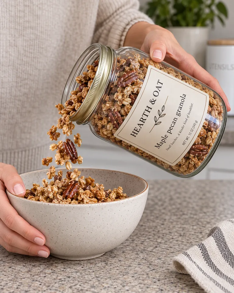Manos echando granola del tarro Hearth & Oat en un bol
