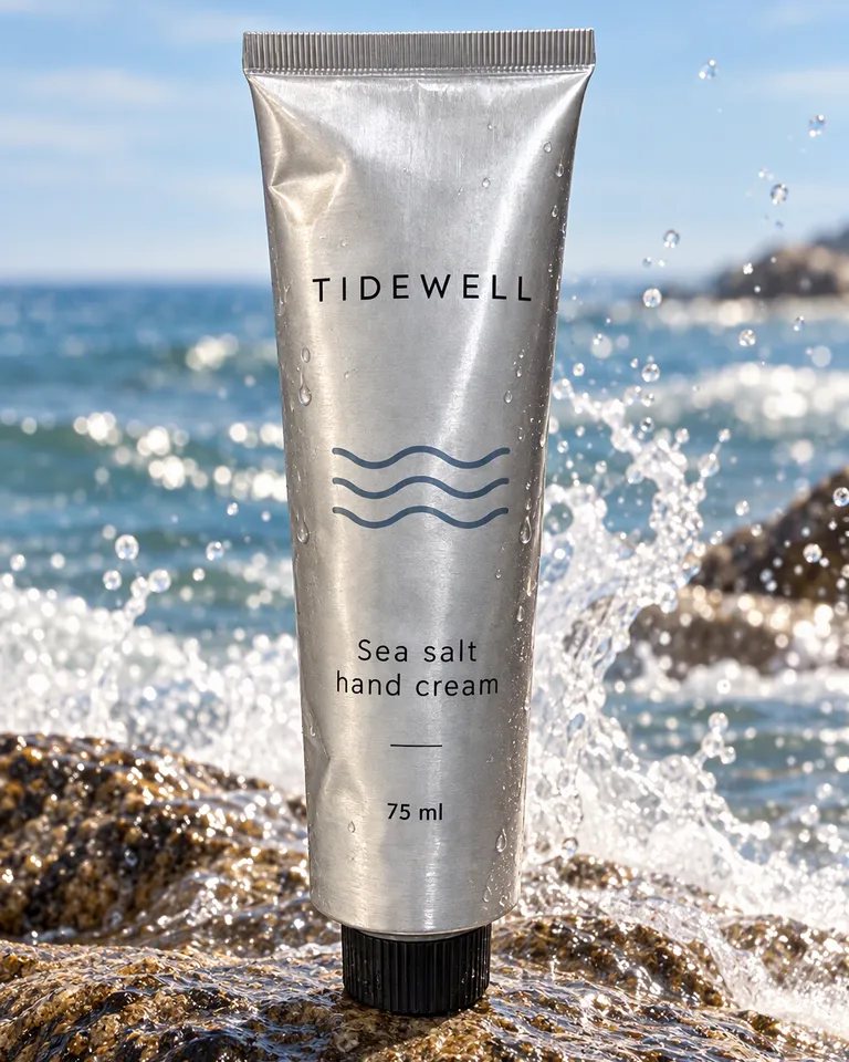 Crema de manos Tidewell sobre una roca pulida por el mar con una ola rompiendo detrás