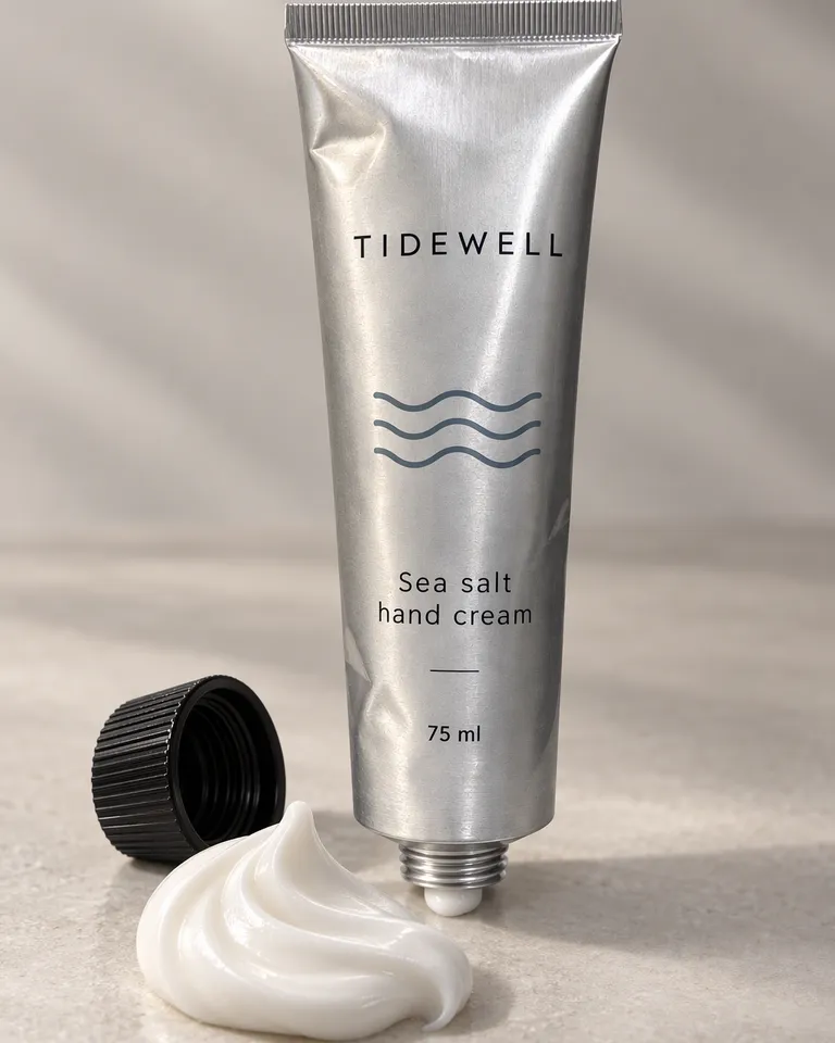 Macro de un remolino de crema de manos blanca Tidewell junto al tapón abierto