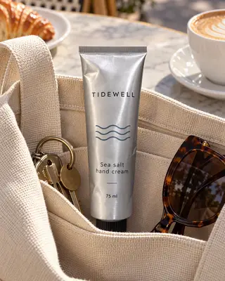 Crema de manos Tidewell en el bolsillo de un tote con llaves y gafas de sol sobre una mesa de cafetería