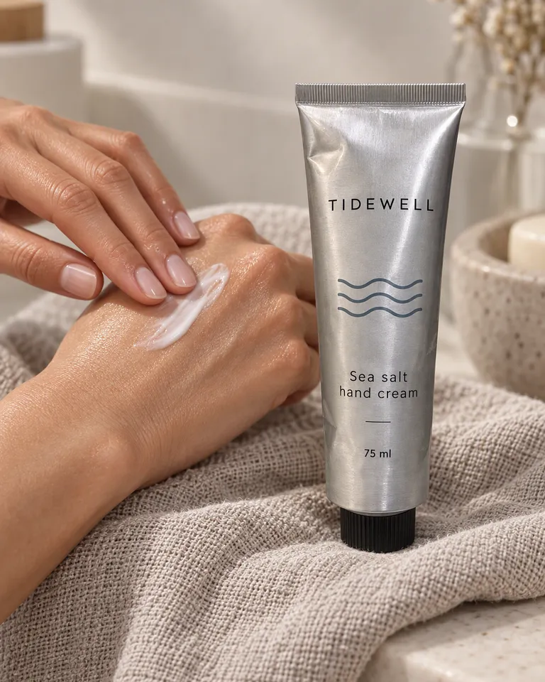 Manos extendiendo la crema con el tubo de Tidewell sobre una toalla de lino