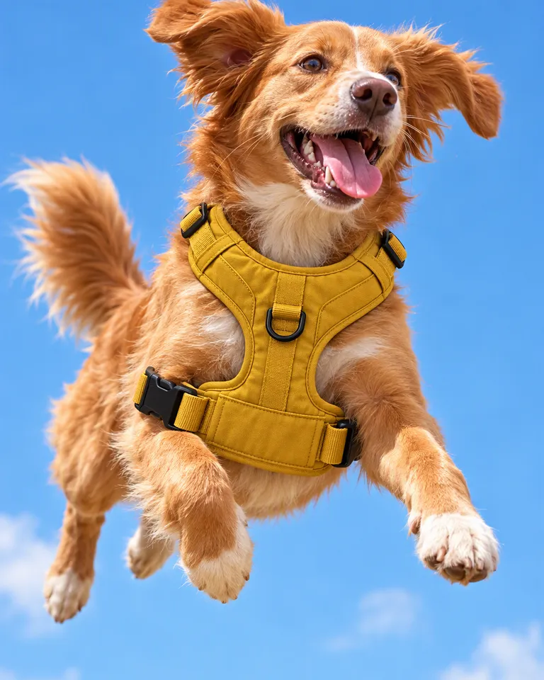 Perro con el arnés color mostaza saltando en el aire con un cielo azul despejado