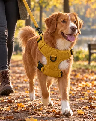 Persona paseando a un perro con el arnés color mostaza por un parque en otoño