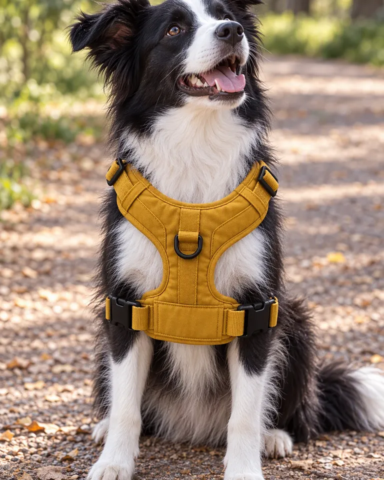Border collie con el arnés color mostaza sentado en un camino del parque
