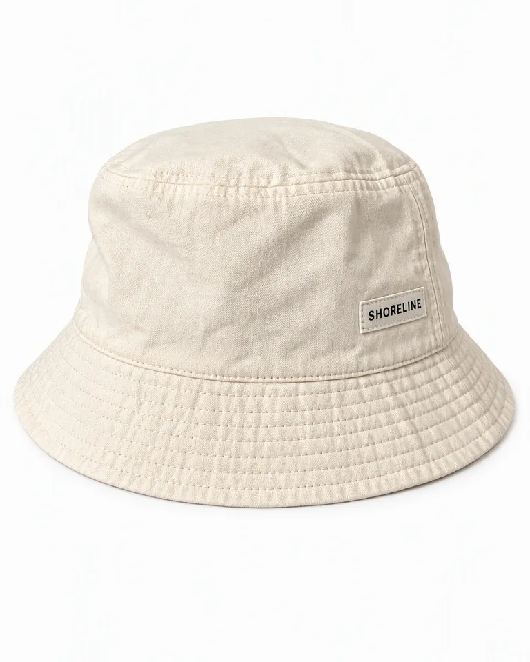 Sombrero de pescador de algodón color crema Shoreline con una etiqueta tejida lateral sobre fondo blanco