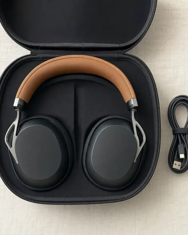 Auriculares de diadema plegados en su estuche de viaje abierto con un cable