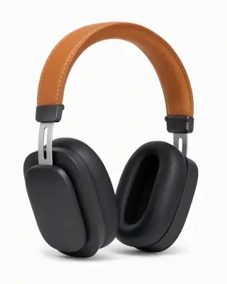 Auriculares de diadema negros y color tostado sobre fondo blanco