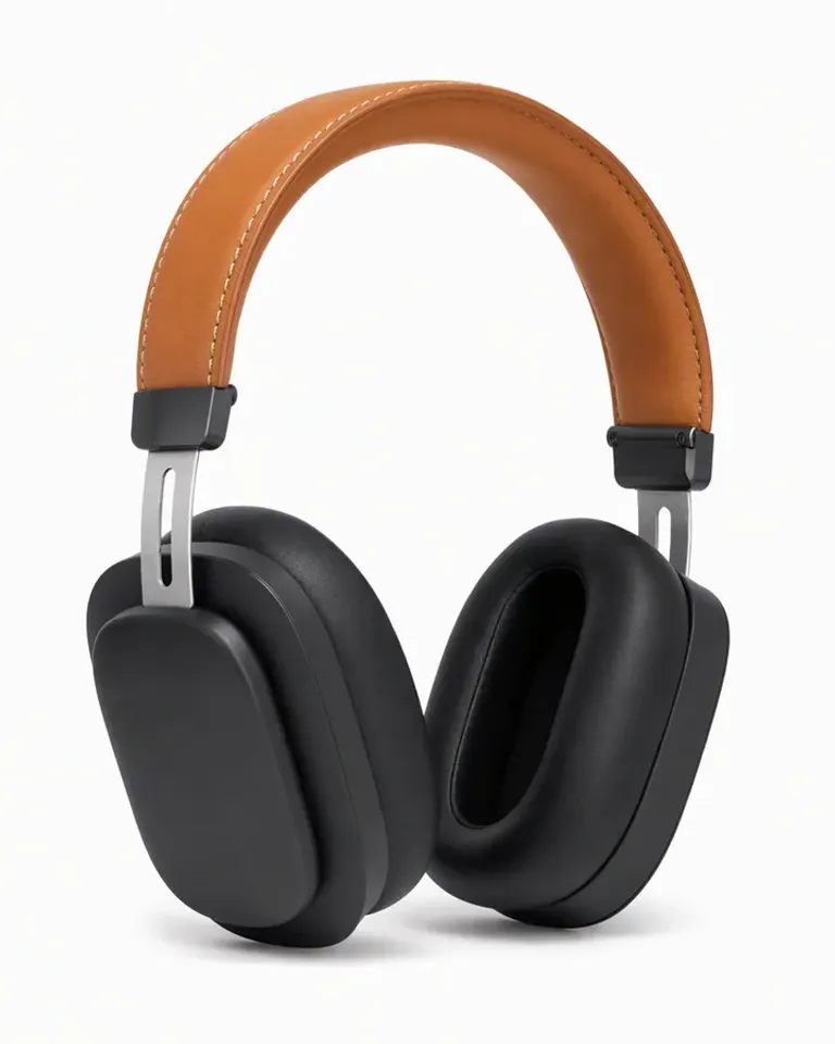 Auriculares de diadema negros y color tostado sobre fondo blanco