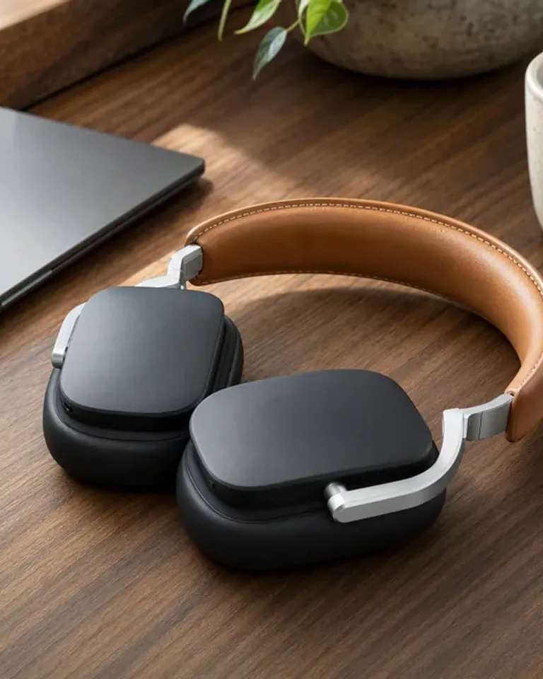 Auriculares de diadema en un escritorio de nogal junto a un portátil y un café