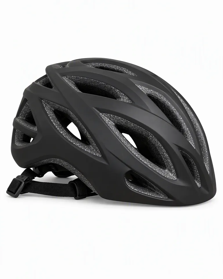 Perfil del casco de ciclismo negro mate sobre fondo blanco