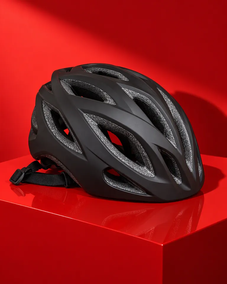 Casco de ciclismo negro sobre un pedestal brillante con un fondo rojo tomate