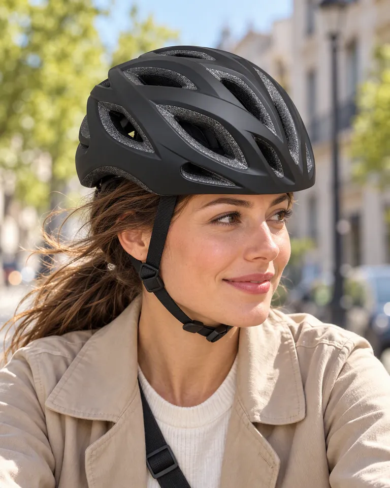 Mujer con el casco de ciclismo negro montando en una bicicleta urbana por una calle soleada