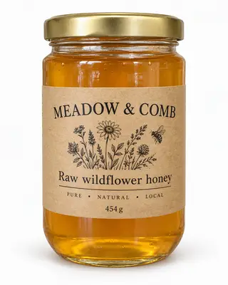 Tarro de miel cruda de flores silvestres Meadow & Comb con etiqueta kraft sobre fondo blanco