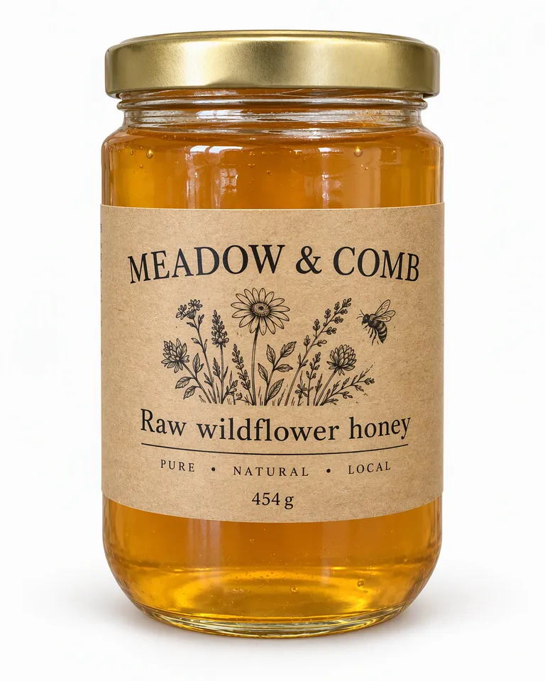 Tarro de miel cruda de flores silvestres Meadow & Comb con etiqueta kraft sobre fondo blanco