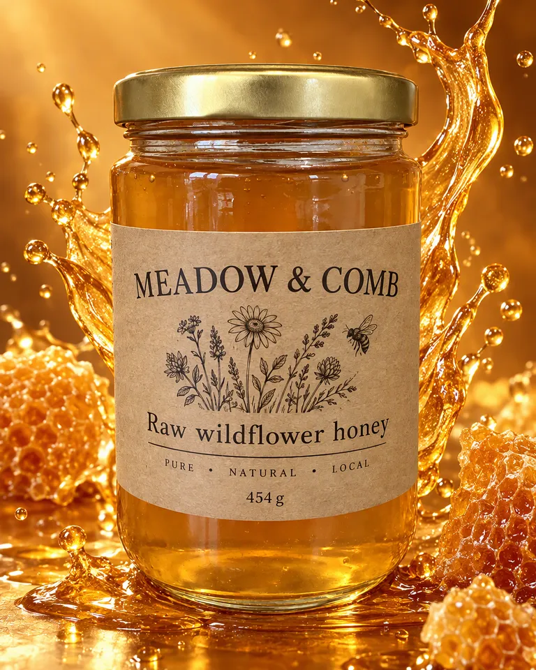 Tarro de miel Meadow & Comb con una salpicadura de miel dorada congelada en el aire