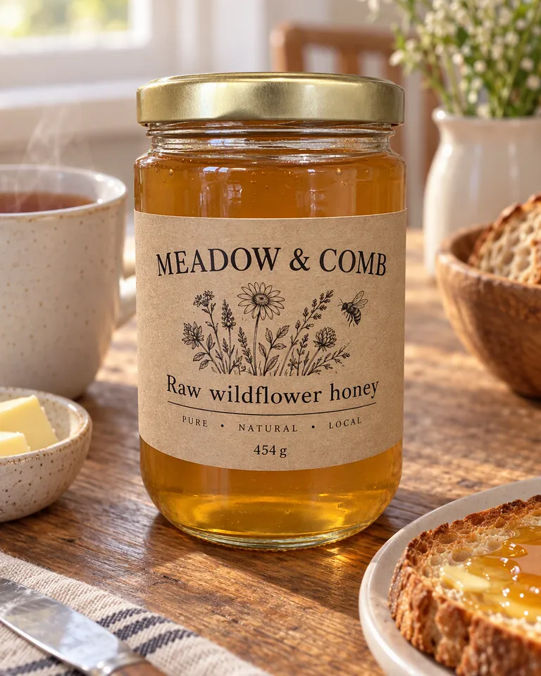 Tarro de miel Meadow & Comb en una mesa de desayuno con tostadas, mantequilla y té