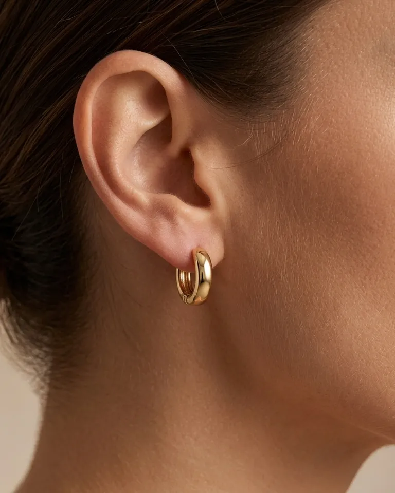 Primer plano de la oreja de una mujer con un aro huggie dorado