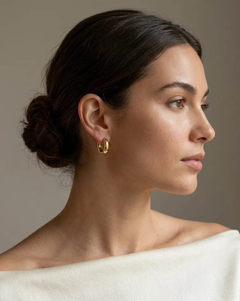 Retrato de perfil de una mujer con aros huggie dorados
