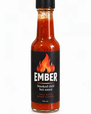Botella de salsa picante de chile ahumado Ember sobre fondo blanco