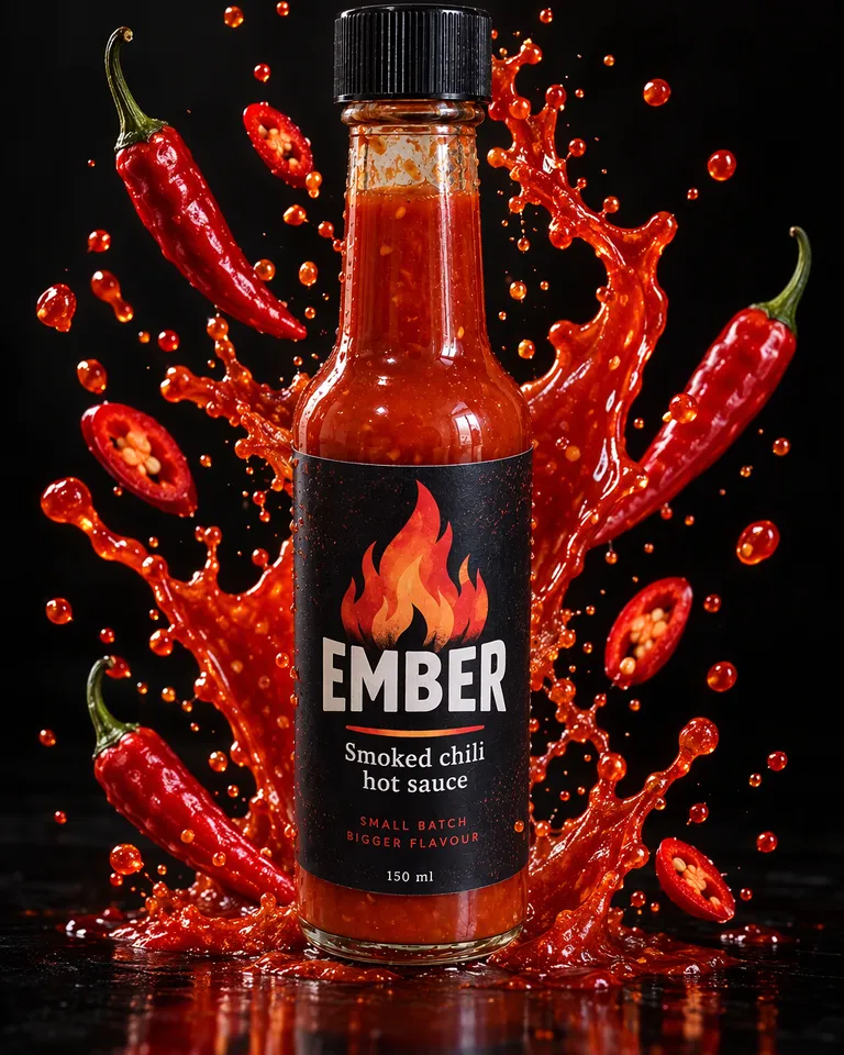 Salsa picante Ember con guindillas y una salpicadura roja congeladas a su alrededor sobre fondo negro
