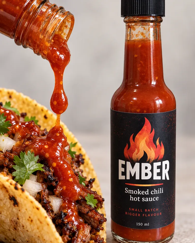 Macro de salsa picante roja Ember goteando sobre un taco
