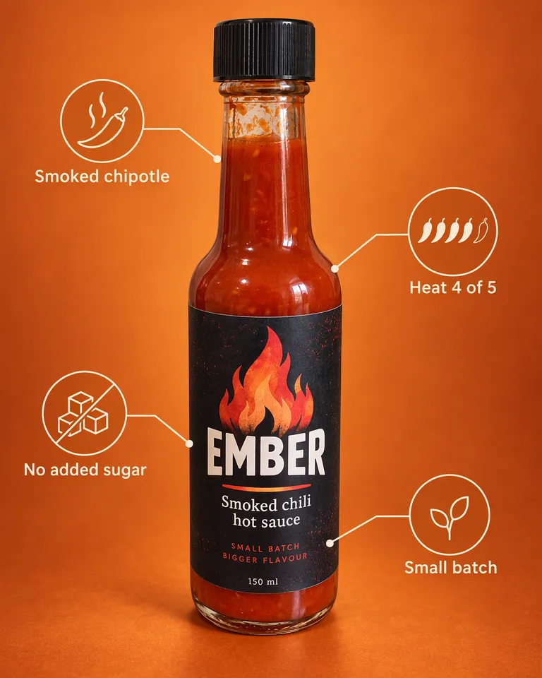 Imagen con anotaciones de la botella Ember con etiquetas de chipotle ahumado, nivel de picante, sin azúcar añadido y pequeño lote