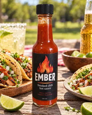 Salsa picante Ember en una mesa de picnic soleada con tacos, limas y bebidas frías