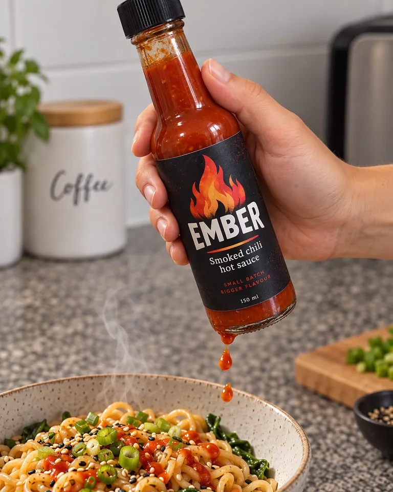Mano agitando la botella de Ember sobre un bol de fideos