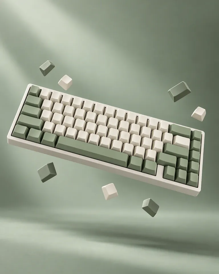 Teclado crema y verde salvia flotando con las teclas despegándose en el aire