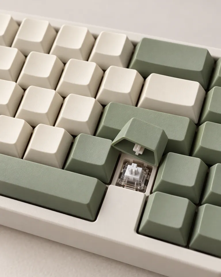 Macro de las teclas crema y verde salvia con un interruptor bajo una tecla levantada