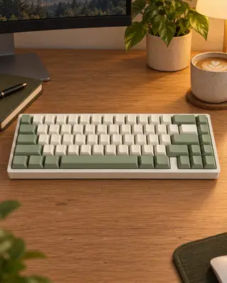 Teclado crema y verde salvia en un escritorio de madera ordenado con un monitor, una planta y un café